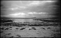 a black and white photo of a beach and ocean